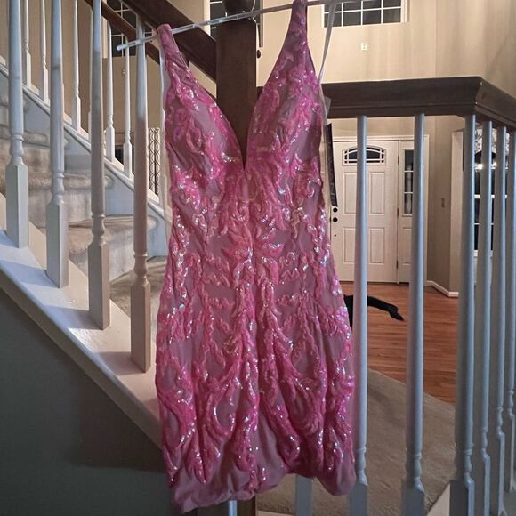 JOVANI irridescent coral mini dress - Picture 4 of 6